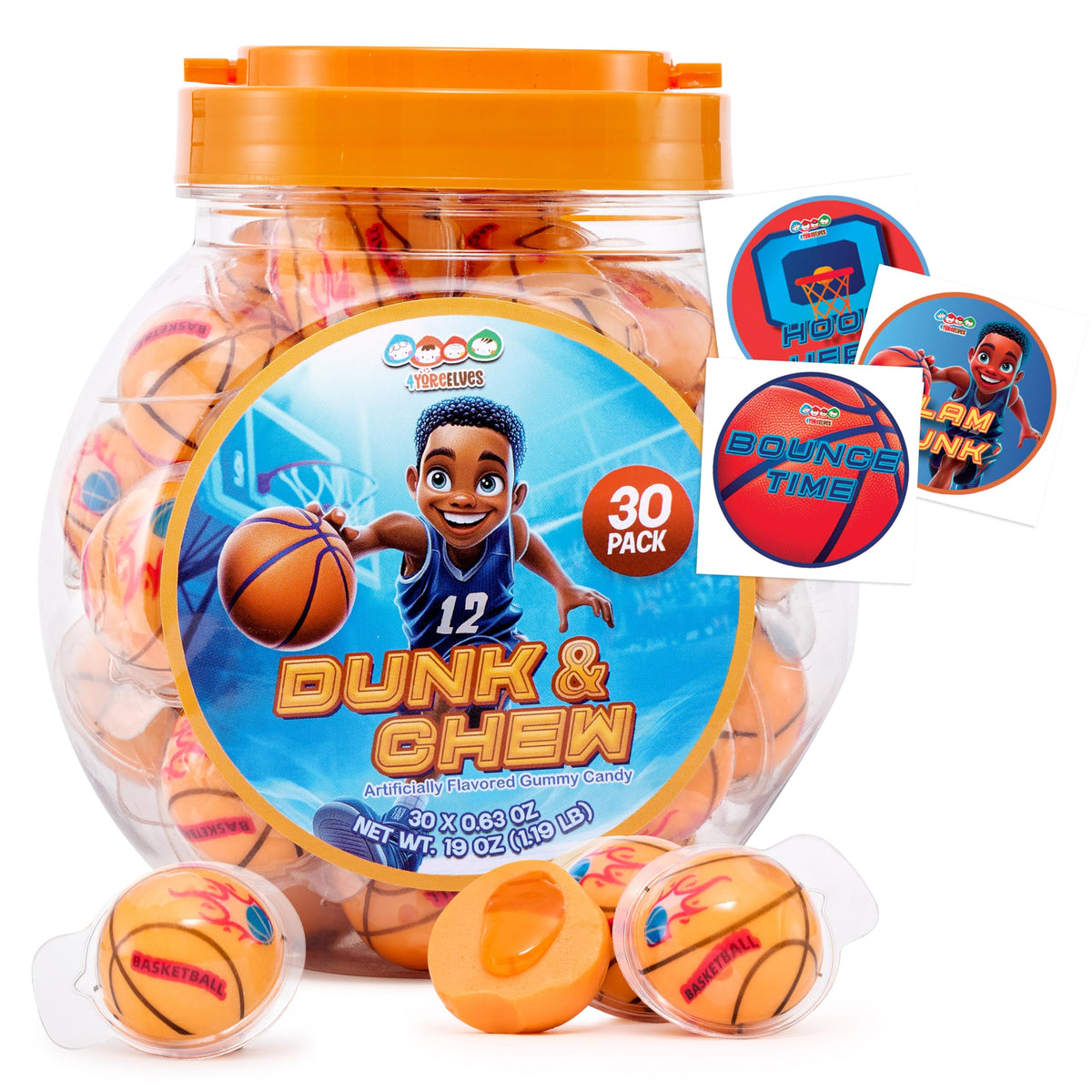 4YoreElves tub front view showing basketball gummy packaging and carry handle for easy transport