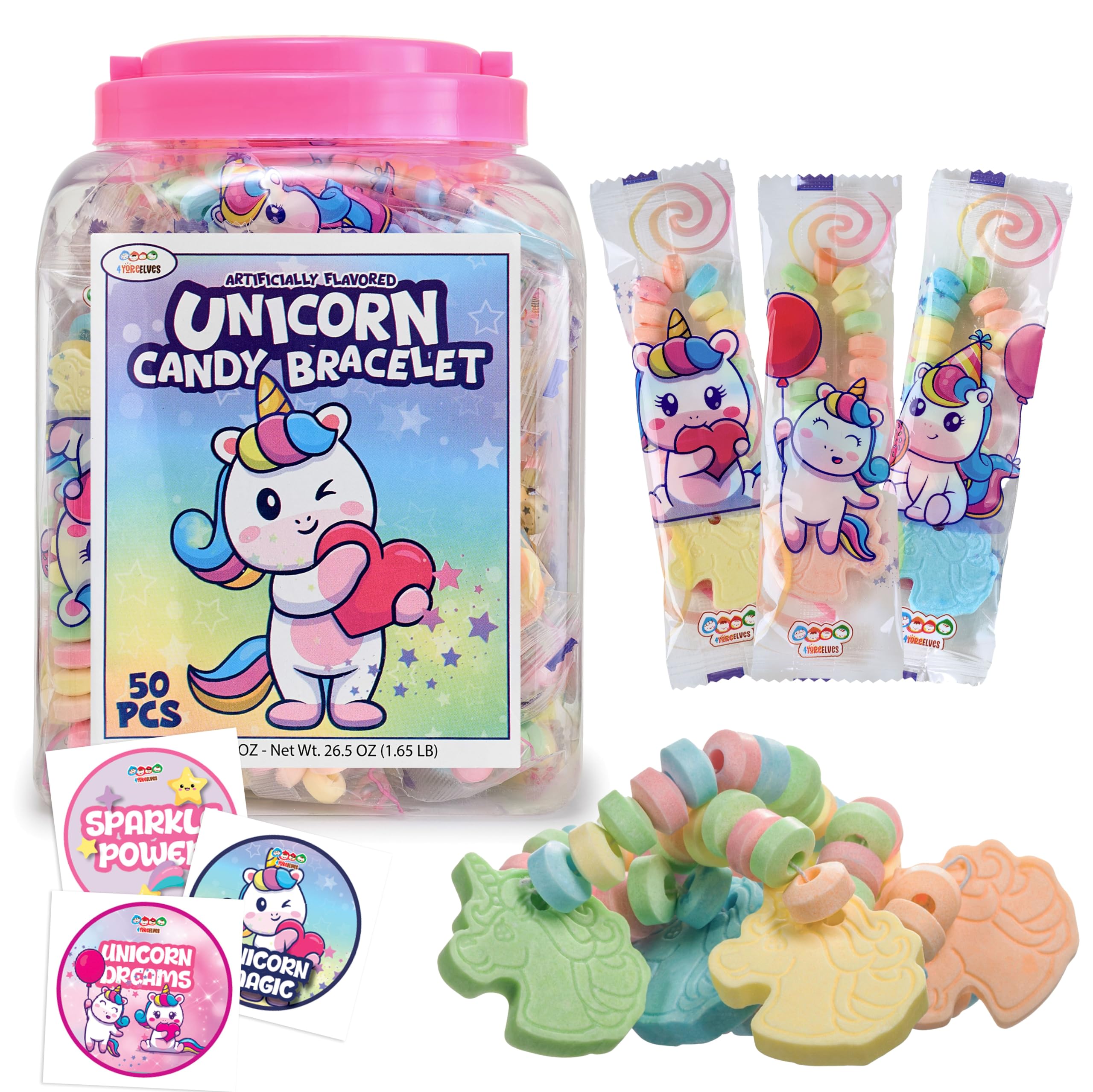 4YoreElves front box showing 50 unicorn candy bracelets and easy display