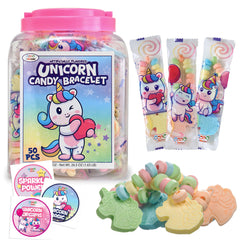 4YoreElves front box showing 50 unicorn candy bracelets and easy display