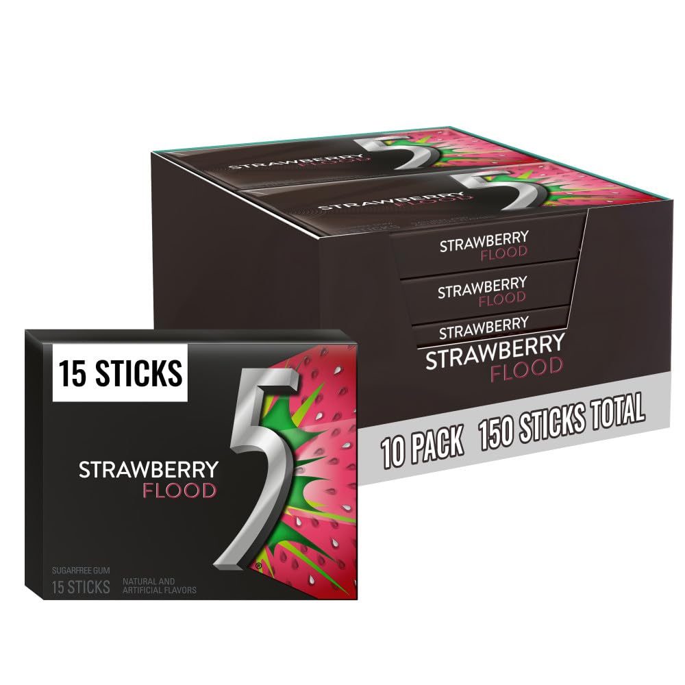 5 Gum front packaging showing strawberry flood and travel-ready benefit