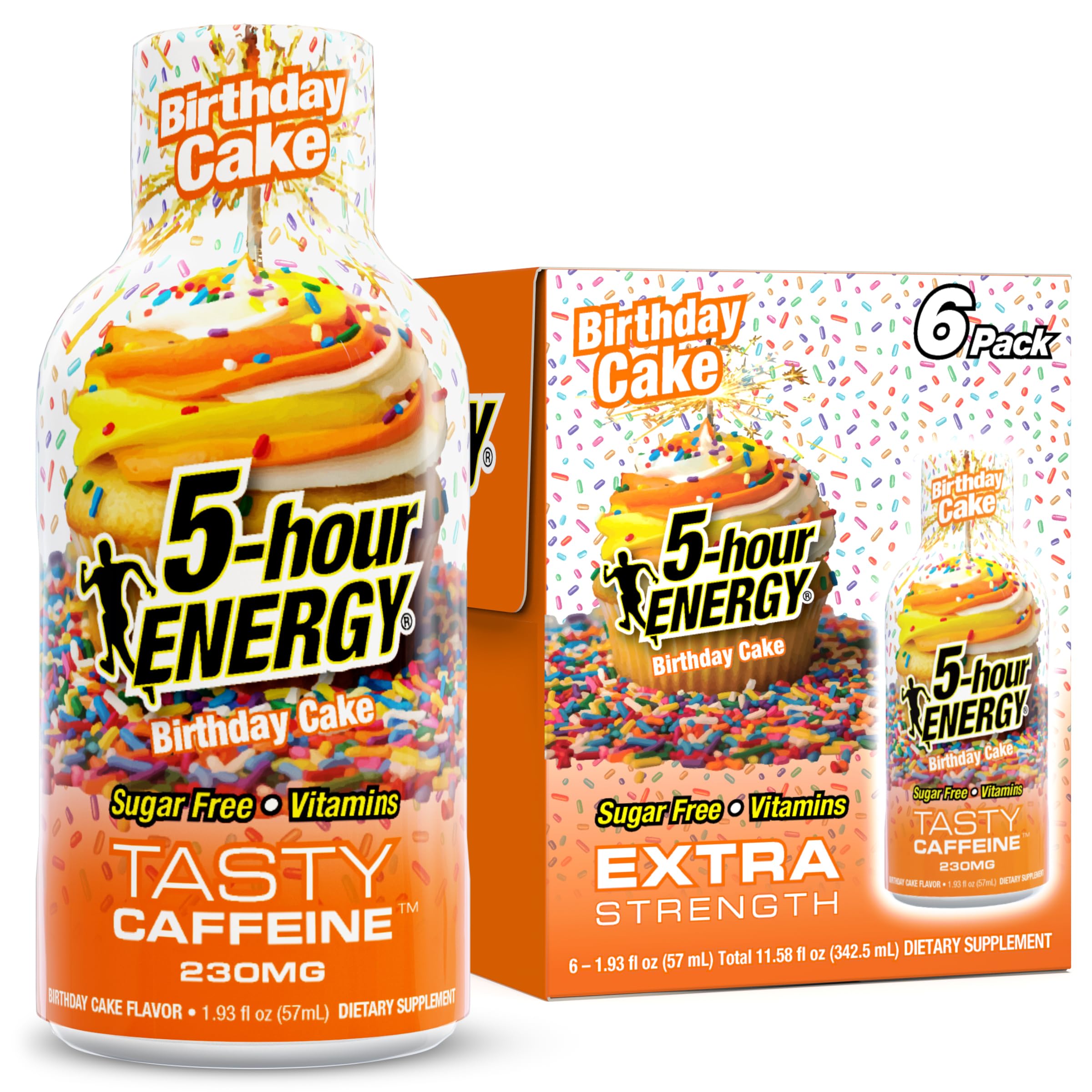 5-hour ENERGY front packaging showing six bottles and bright cake branding for convenience