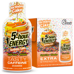 5-hour ENERGY front packaging showing six bottles and bright cake branding for convenience