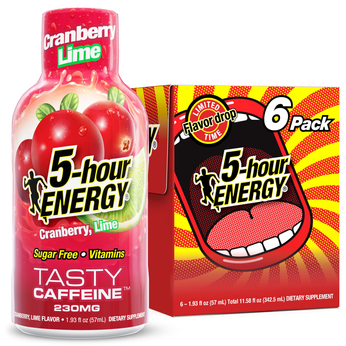 5-hour ENERGY front packaging showing cranberry lime flavor and six-count convenience