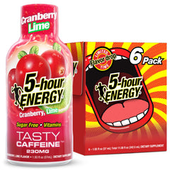 5-hour ENERGY front packaging showing cranberry lime flavor and six-count convenience