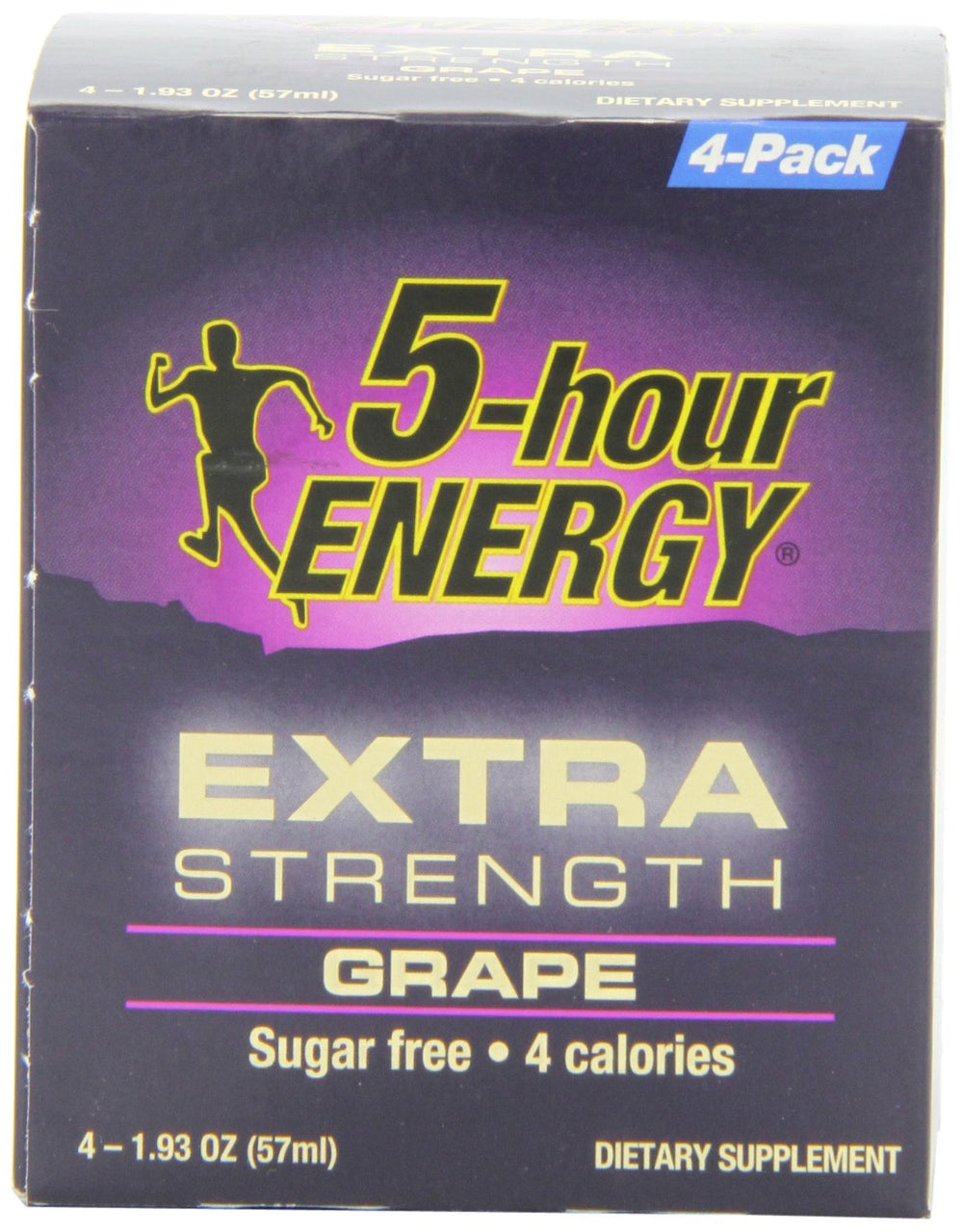 5-hour ENERGY grape front packaging showing four 2-ounce extra strength shots for quick energy