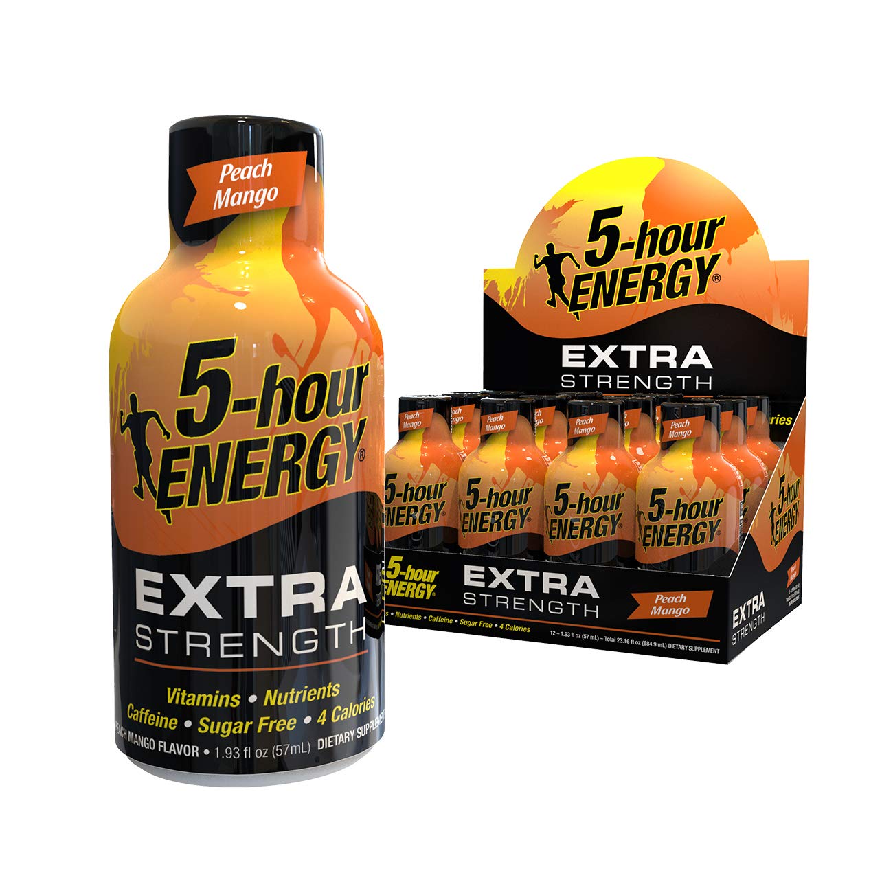 5-hour ENERGY front bottle showing peach mango label and quick boost benefit