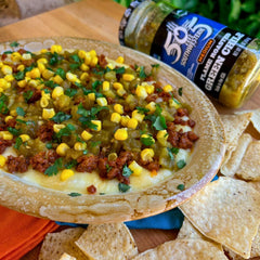 505 Southwestern open jar with spoon showing chunky roasted chile ready to use