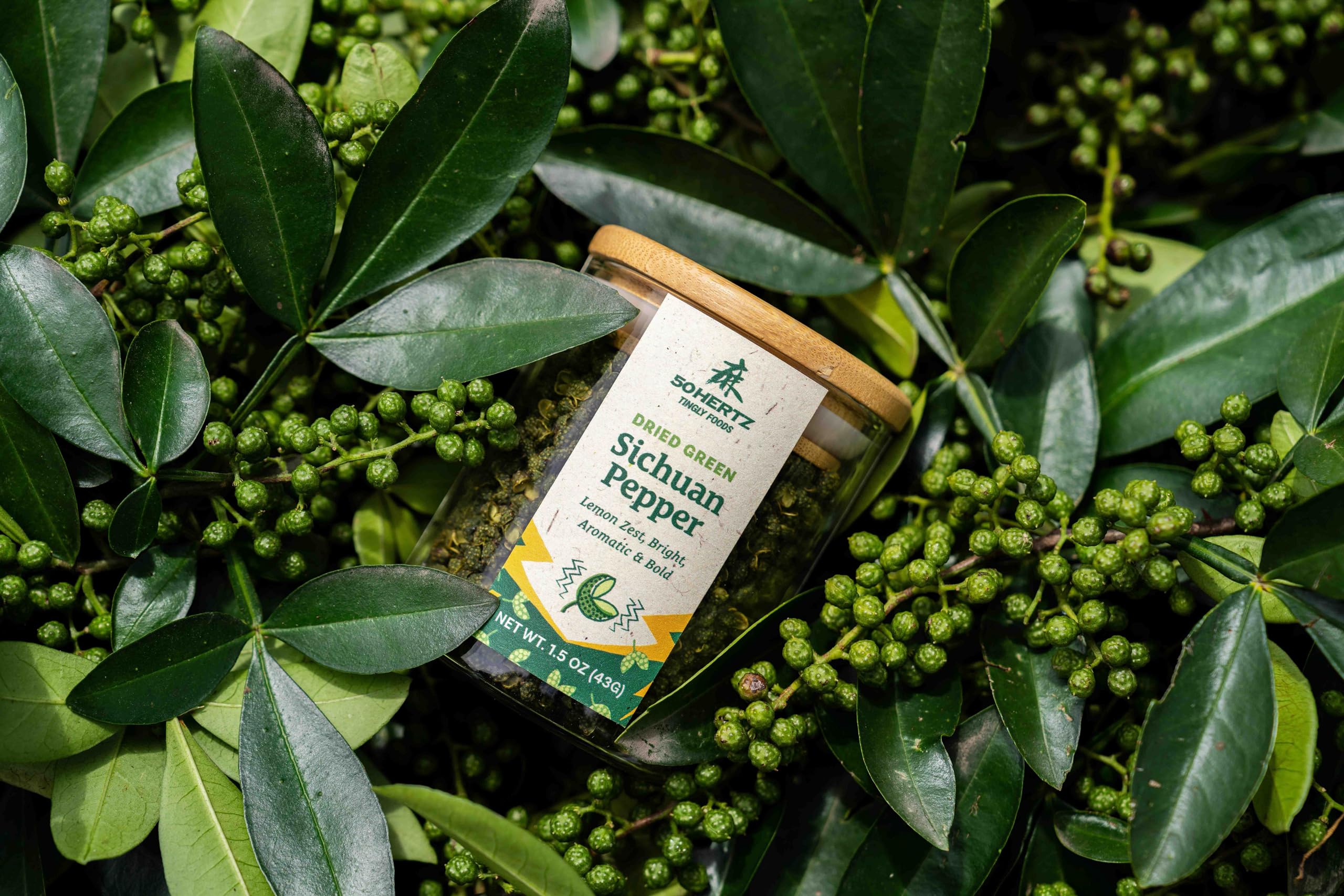 50Hertz close-up of seed-free green Sichuan peppercorns, highlighting floral texture