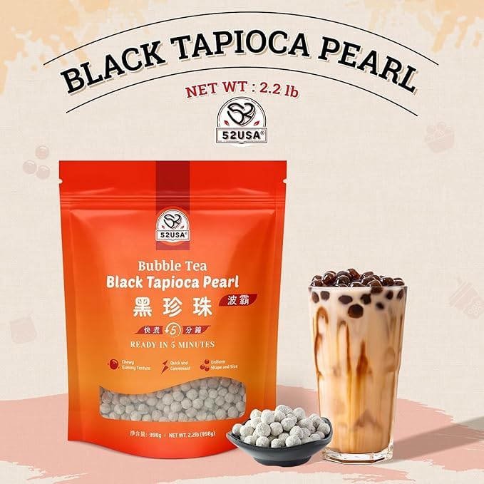 52USA.com cooked pearls glossy in brown sugar syrup, chewy texture appeal