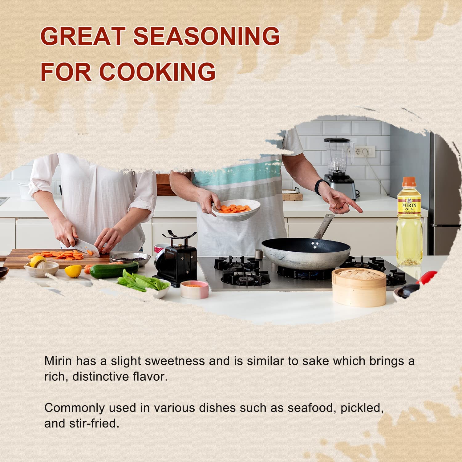 52USA mirin in kitchen scene with prepared dishes showing versatile use and cooking convenience