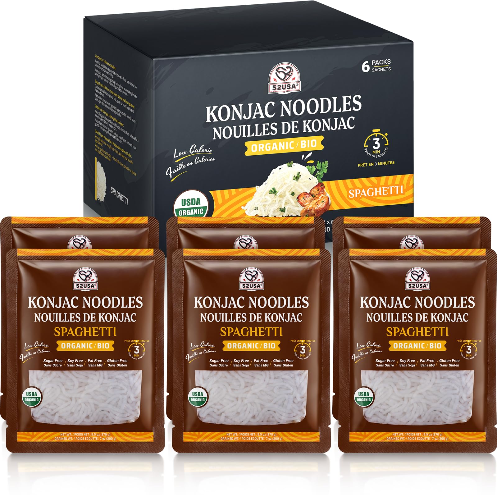 52USA front packaging showing organic konjac spaghetti and benefits