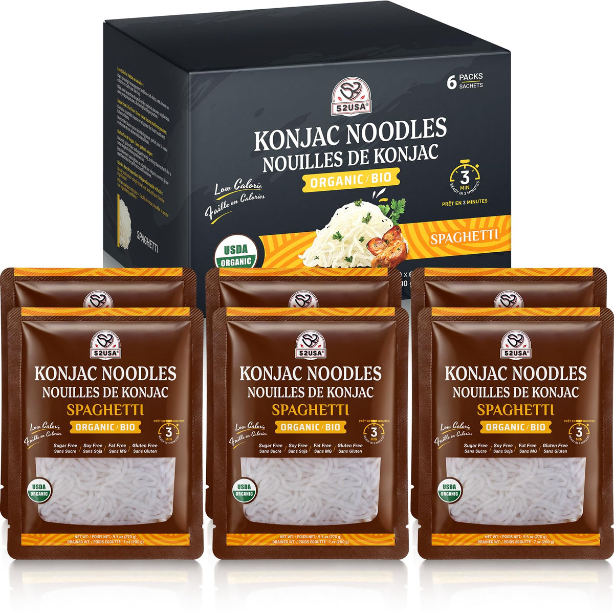 52USA front packaging showing organic konjac spaghetti and benefits