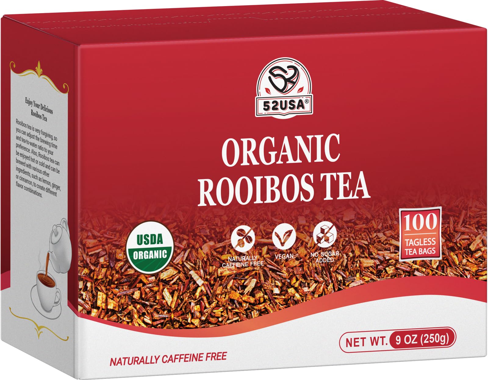 52USA front packaging showing 100 organic rooibos tea bags for everyday brewing