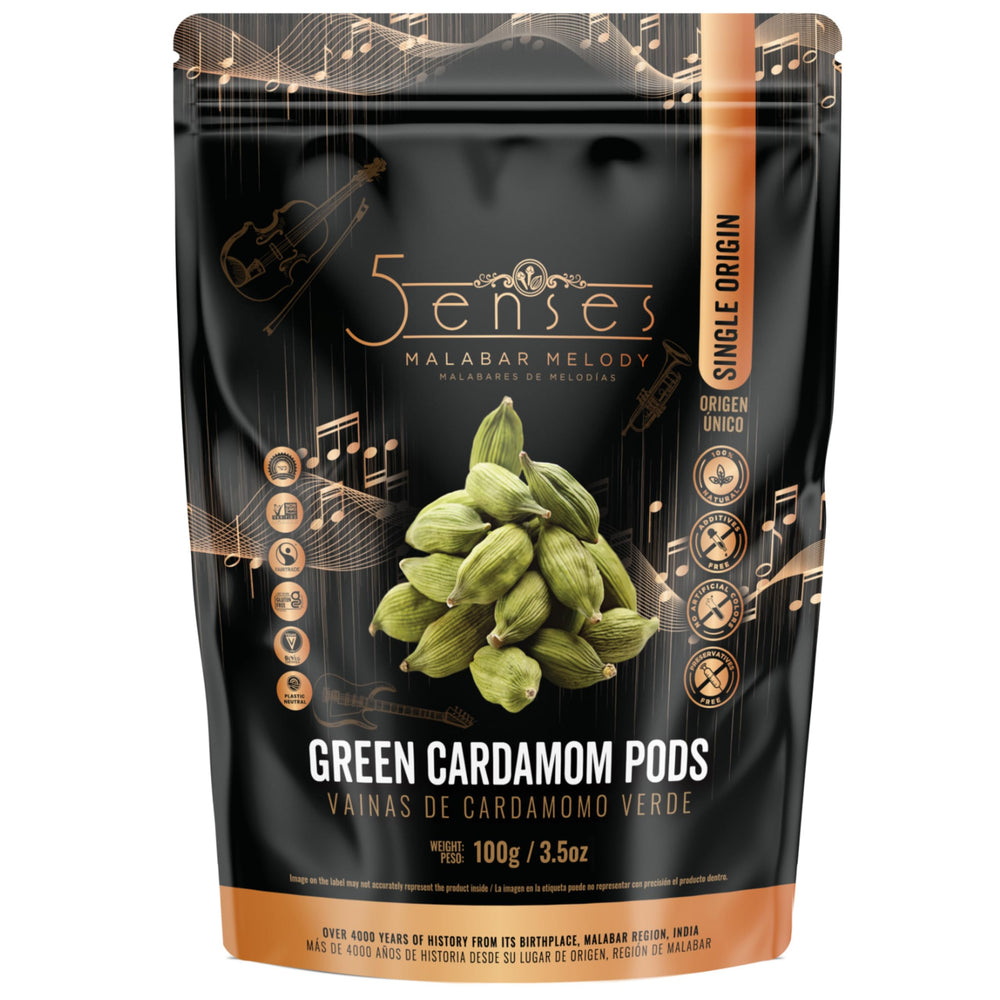 5Senses front packaging of Malabar green cardamom pods showing resealable pouch and brand benefit