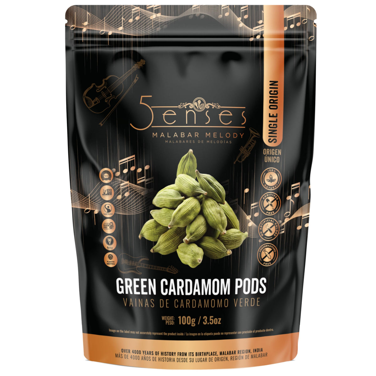 5Senses front packaging of Malabar green cardamom pods showing resealable pouch and brand benefit