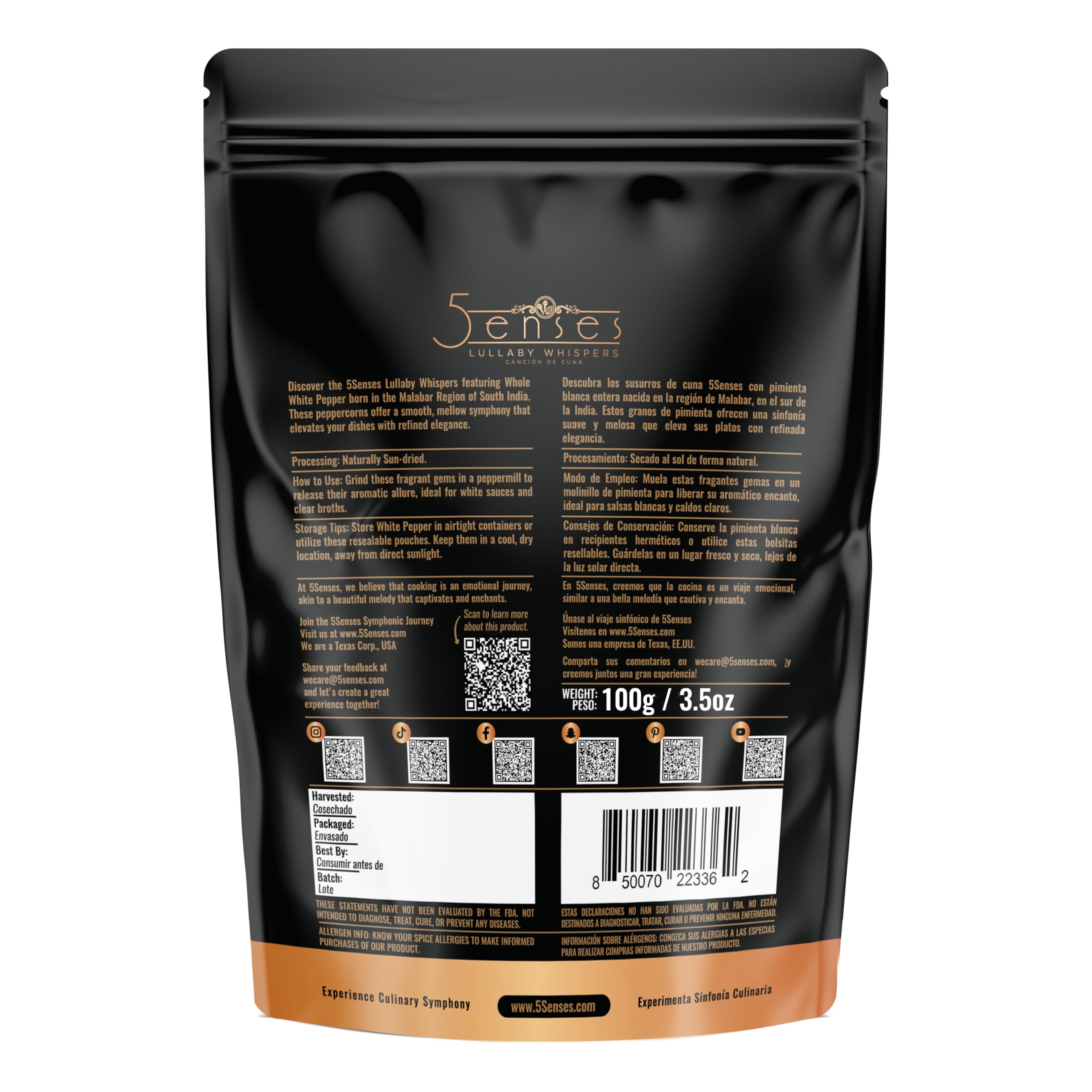 5Senses close-up of whole white peppercorn texture highlighting natural drying benefit