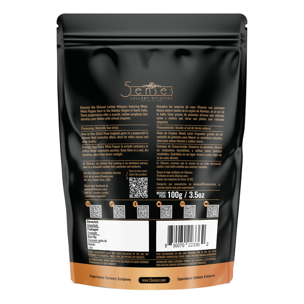 5Senses close-up of whole white peppercorn texture highlighting natural drying benefit
