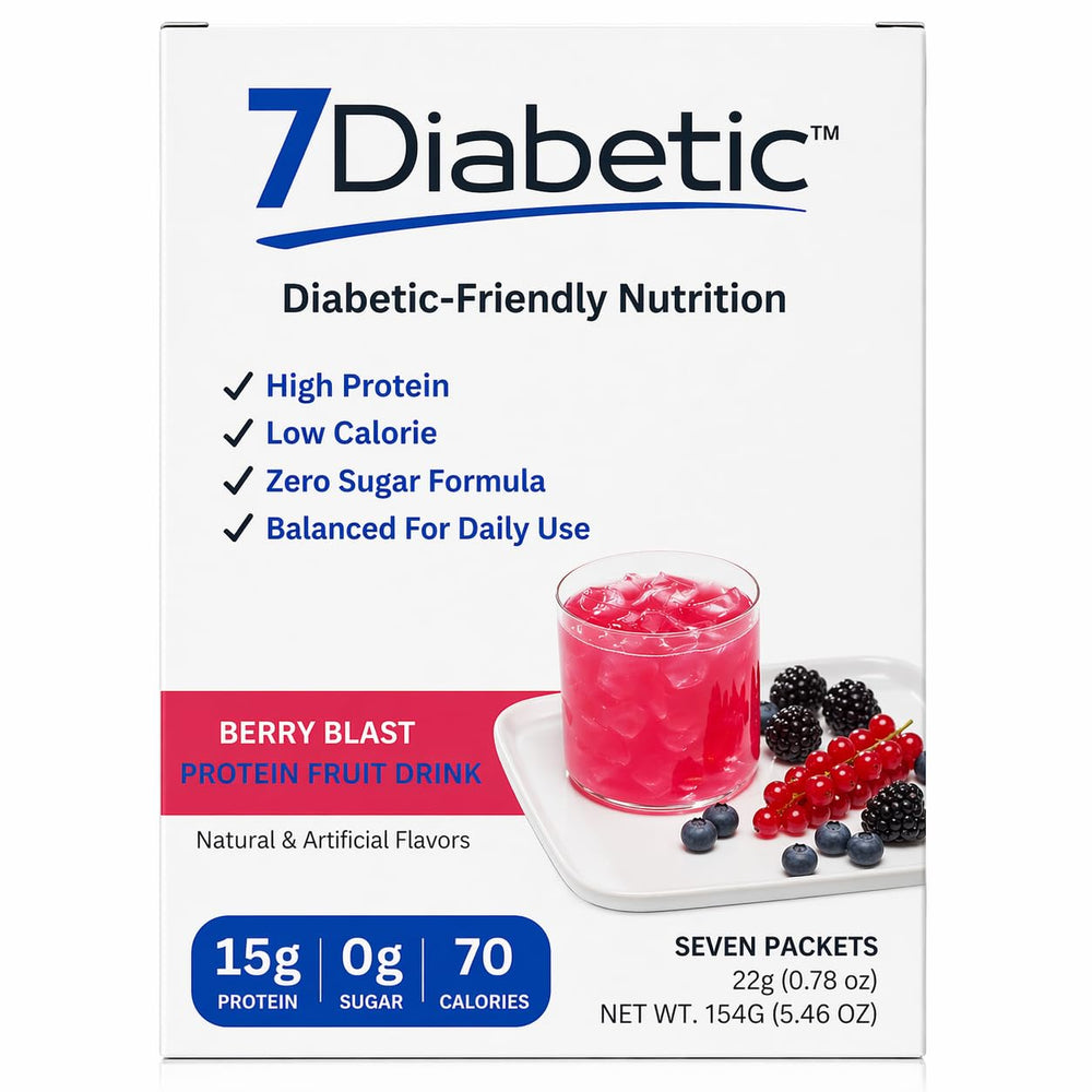 7Diabetic front packaging showing Berry Blast and 7 servings, easy identification and portability