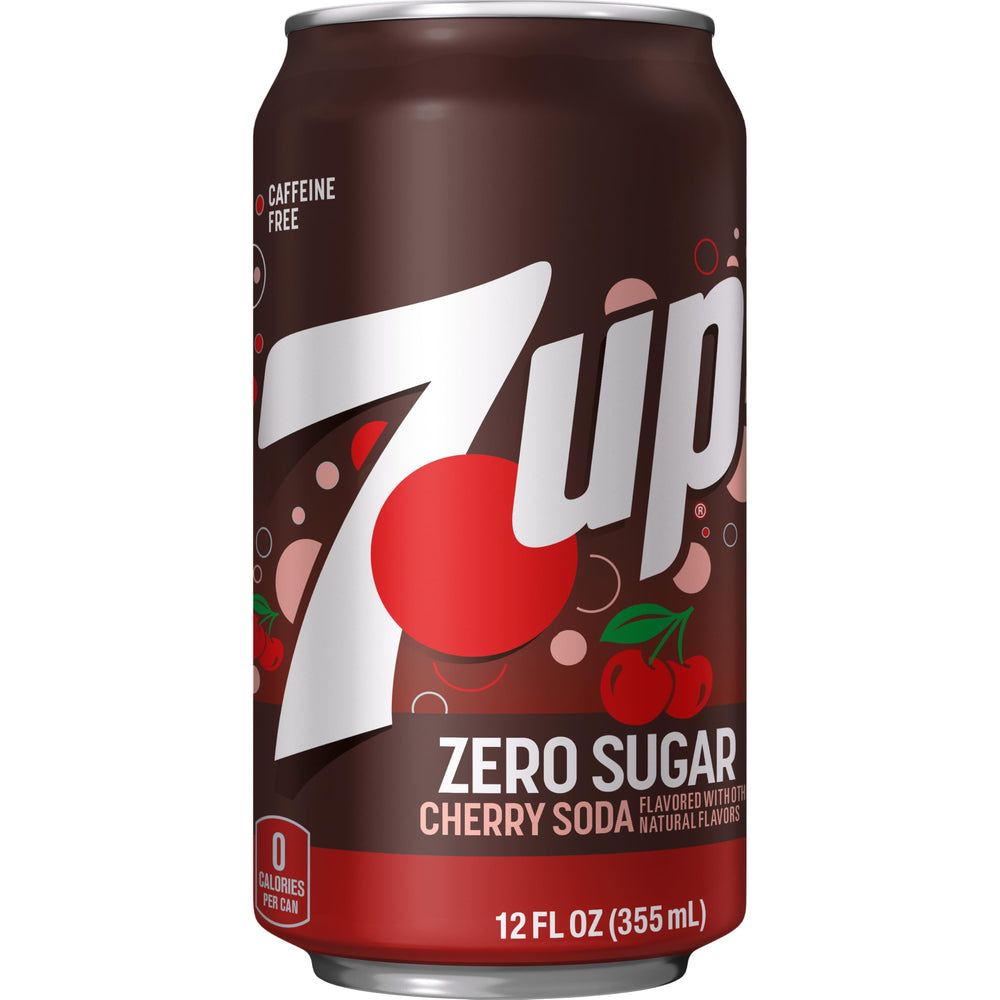 Close-up of 7UP Cherry Zero label highlighting zero sugar benefit