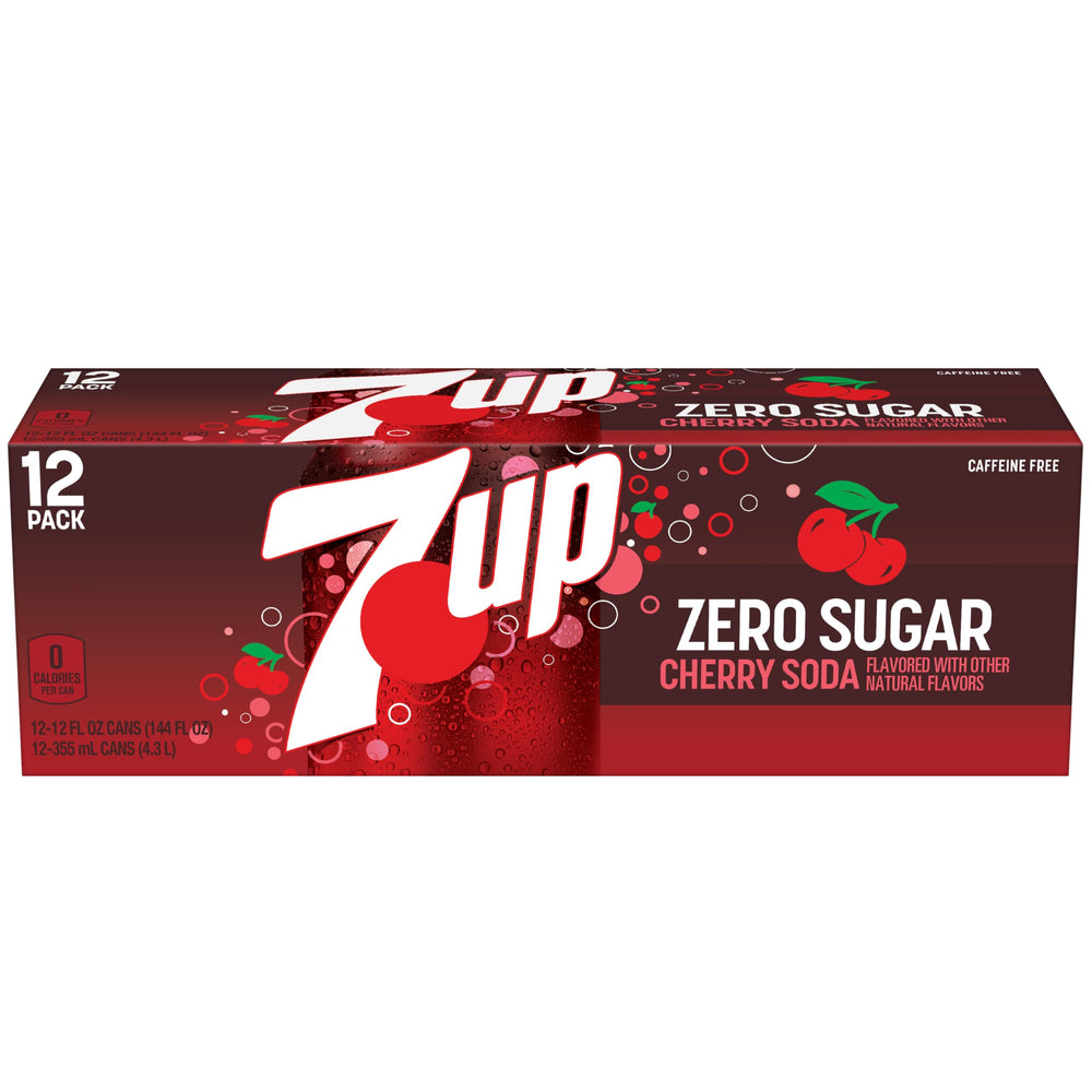Multiple 7UP Cherry Zero cans chilled in refrigerator for entertaining