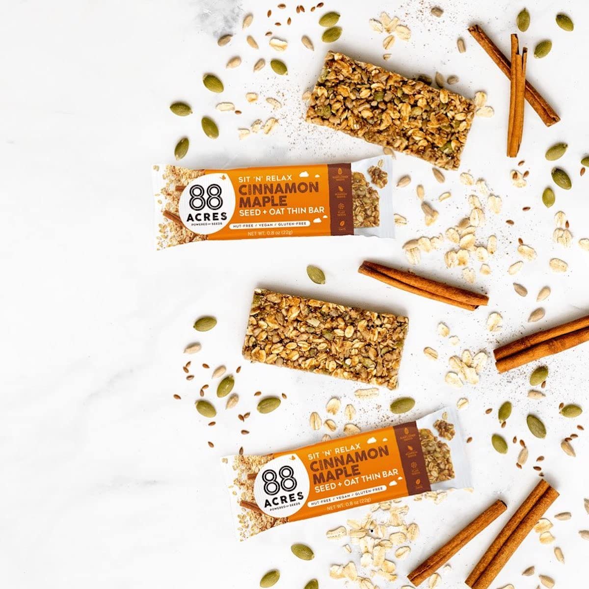 88 Acres bars stacked in an open box illustrating individually wrapped convenience for storage
