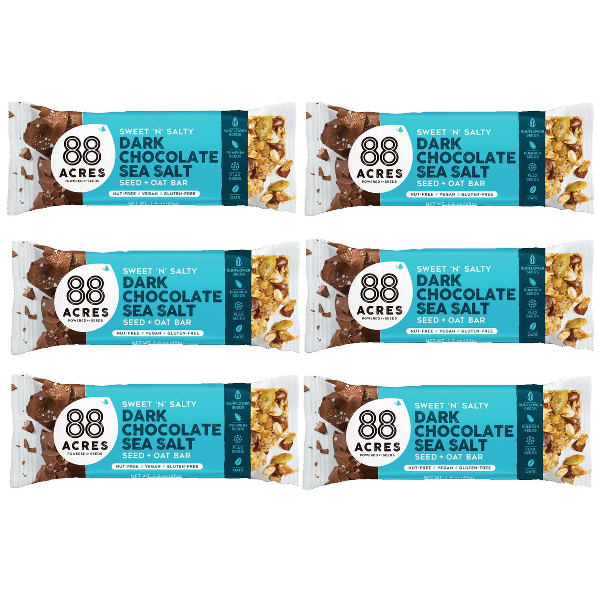 88 Acres front packaging showing dark chocolate sea salt bars and benefits of allergen-free convenience