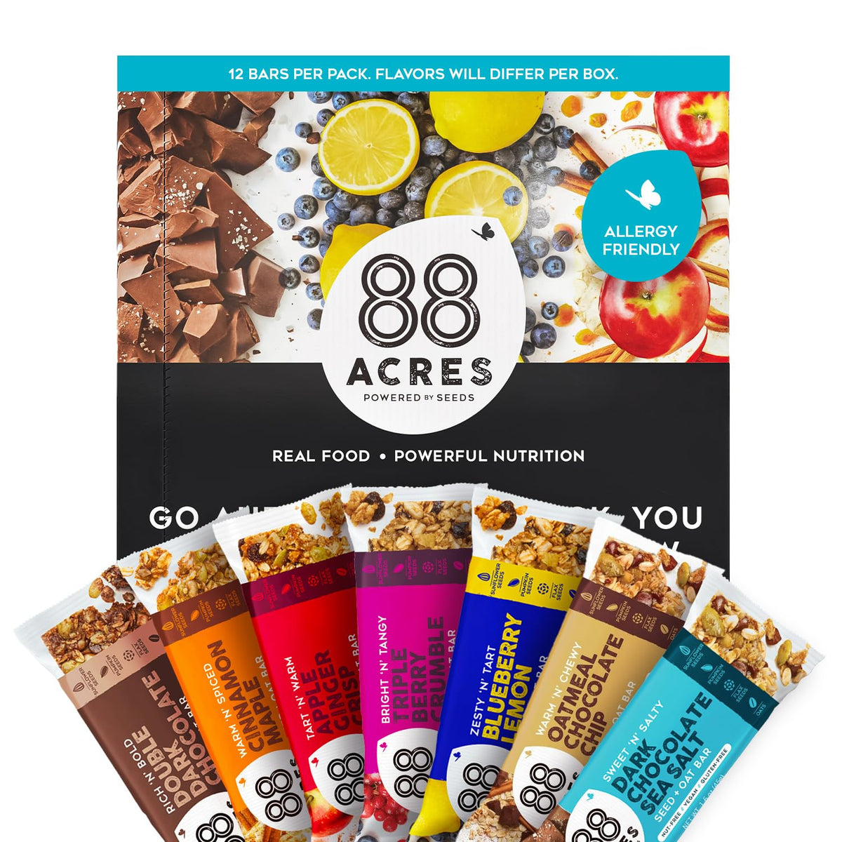 88 Acres front packaging showing variety pack and allergen-free benefits