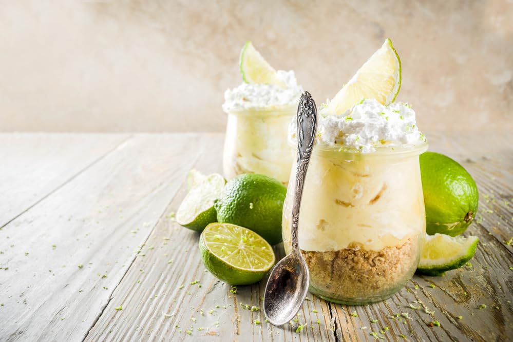 A Blend Above prepared key lime pie in crust, showcasing creamy filling and vibrant color