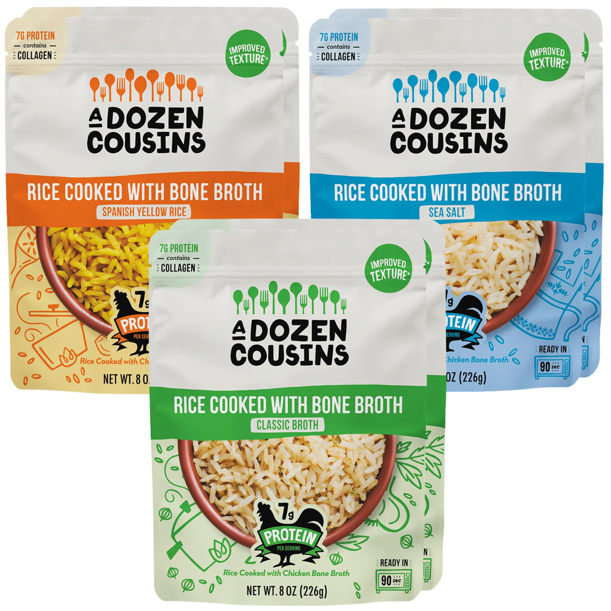 A Dozen Cousins front packaging showing variety six-pack and benefits