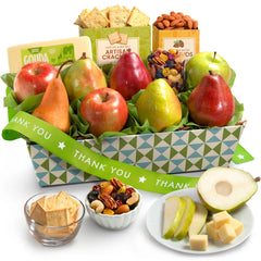 A Gift Inside top-down fruit arrangement highlighting variety benefit: colorful assortment