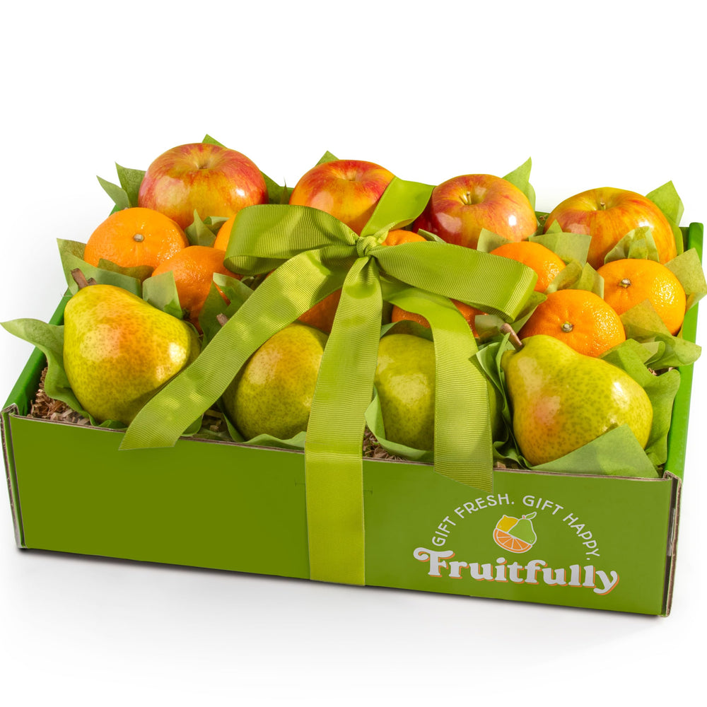 A Gift Inside front view of fruit basket, fresh presentation and ready-to-gift