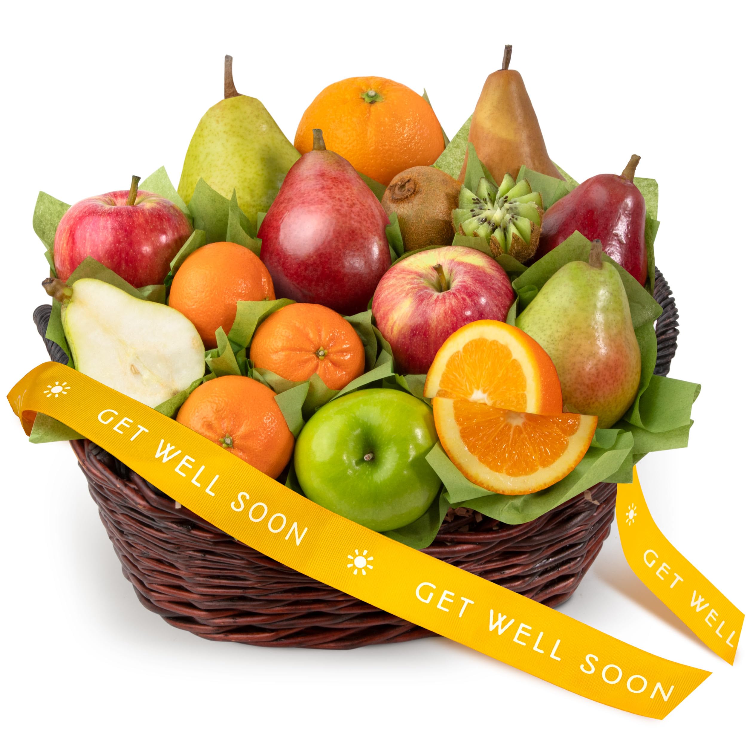 A Gift Inside front wicker basket with ribbon showing premium fruit presentation and cheer
