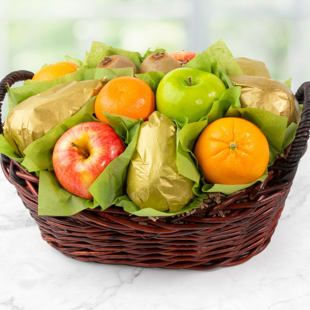 A Gift Inside fruit basket on table in home setting promoting convenient, ready-to-eat gift
