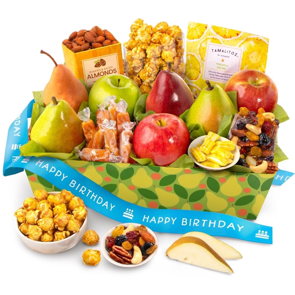 A Gift Inside basket front view showing fresh fruit and festive ribbon, perfect presentation