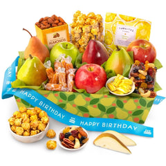 A Gift Inside basket front view showing fresh fruit and festive ribbon, perfect presentation