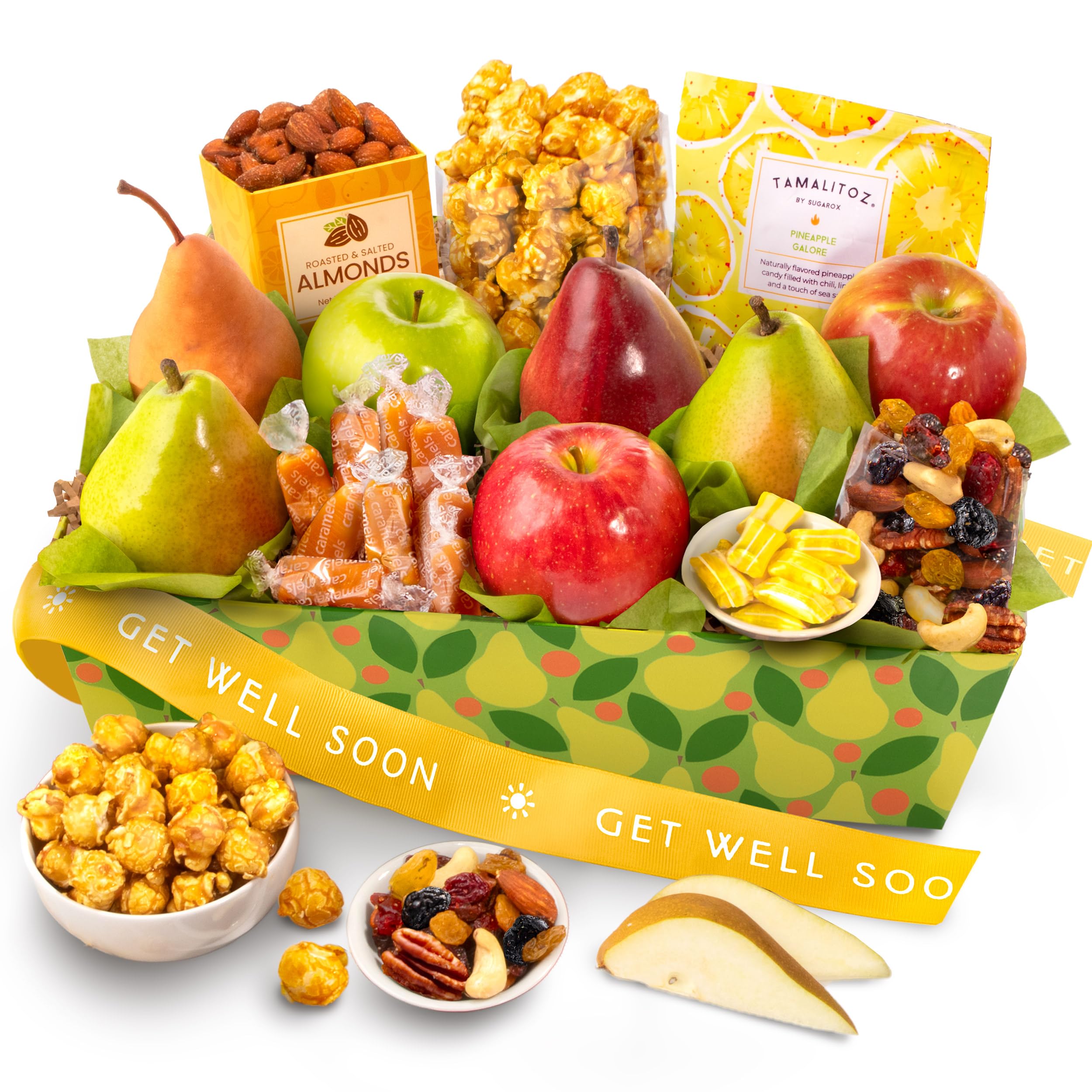 A Gift Inside front view of Orchard Delight basket showing fresh fruit and snacks, inviting comfort