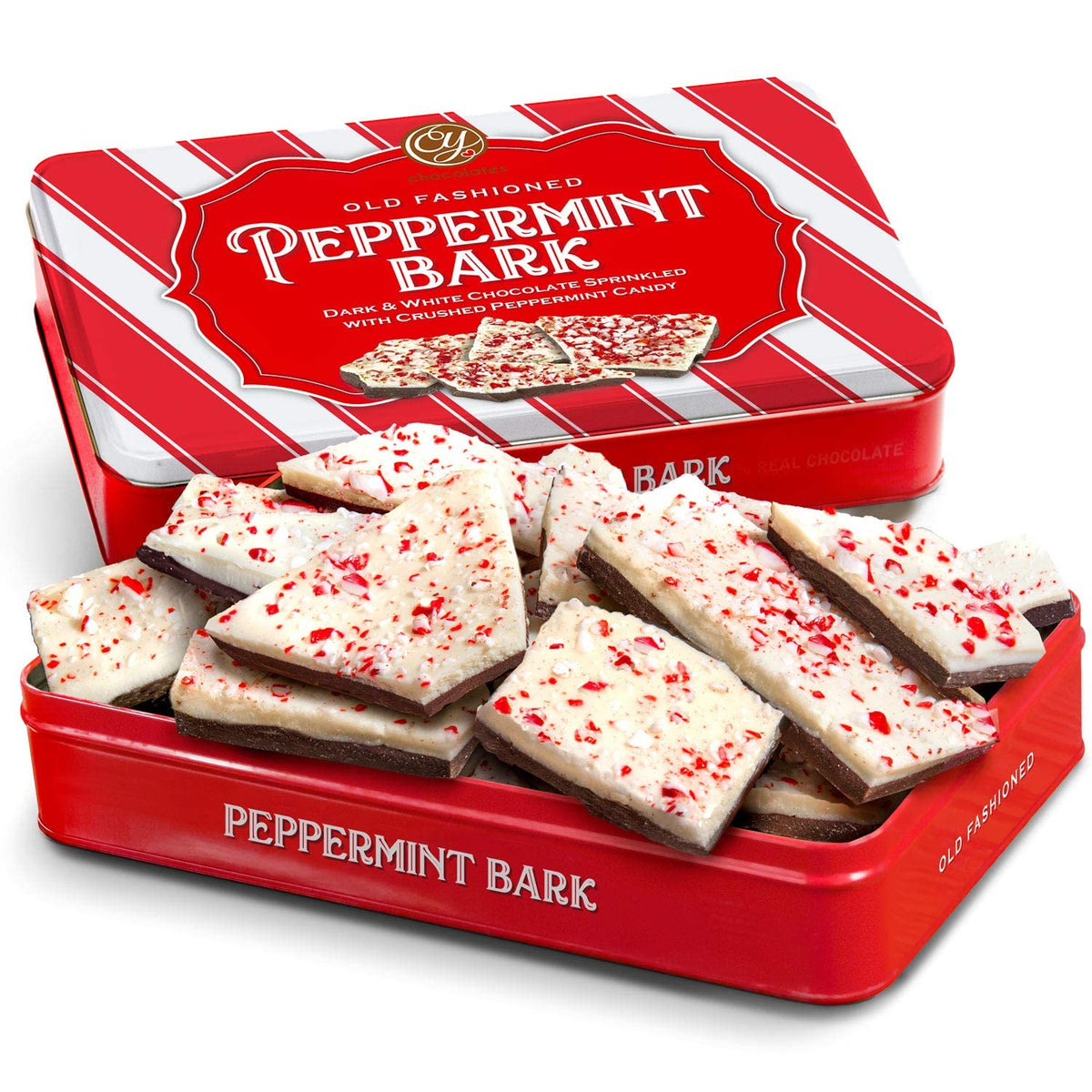 A Gift Inside peppermint bark tin front showing festive presentation and easy gifting