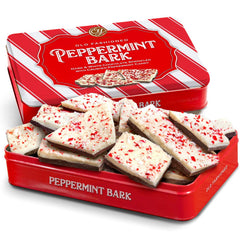 A Gift Inside peppermint bark tin front showing festive presentation and easy gifting