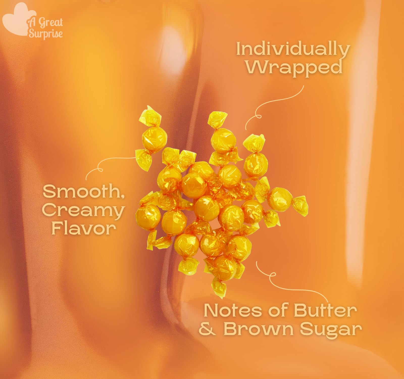 Close up of butterscotch candy surface from A Great Surprise showing smooth texture and shine