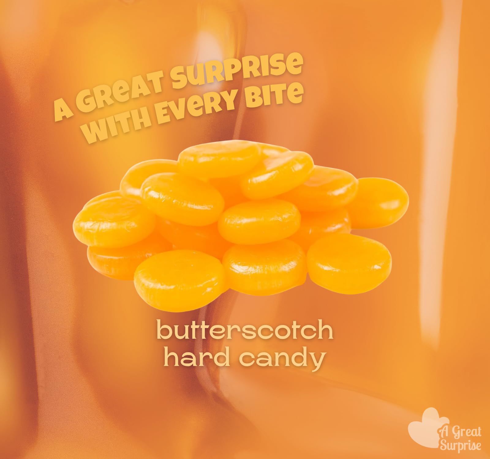 A Great Surprise individually wrapped butterscotch candies piled ready for sharing