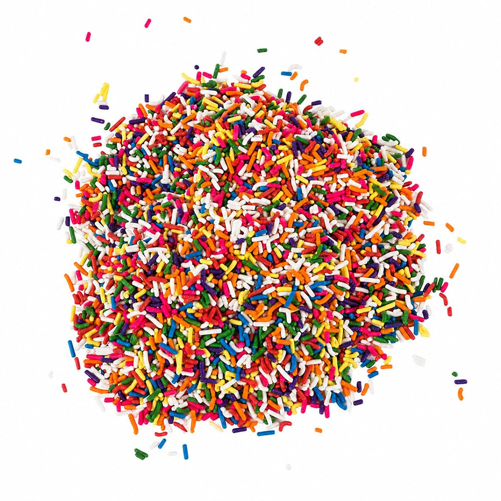 A Great Surprise close-up of jimmies texture highlighting vivid rainbow colors