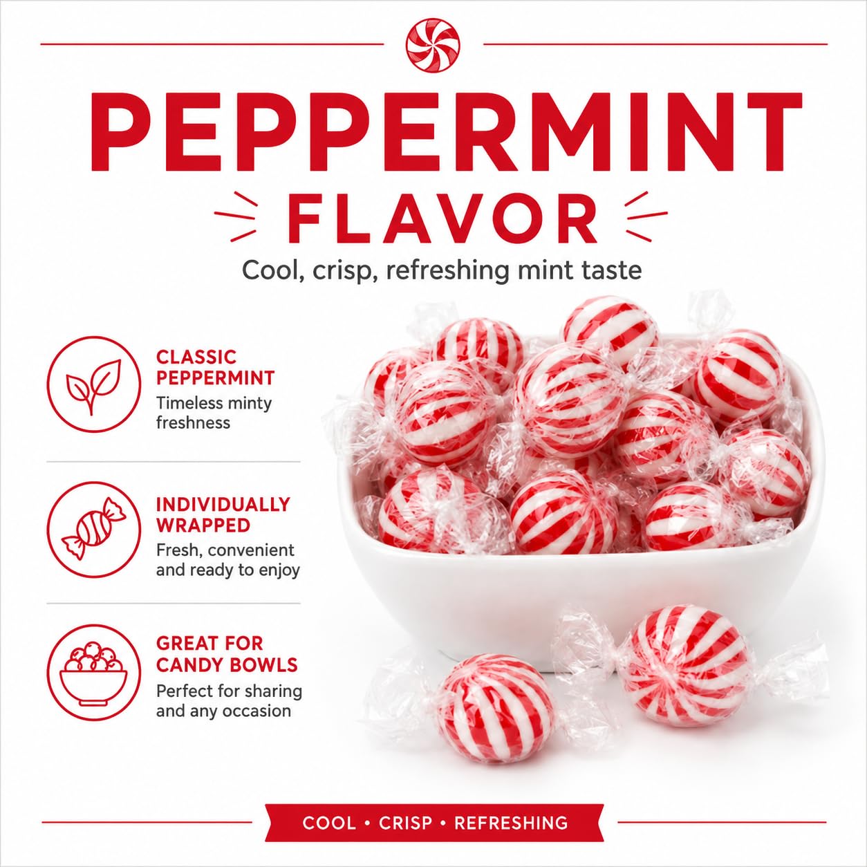 A Great Surprise closeup of peppermint ball texture and red-white swirl, highlights crisp candy surface