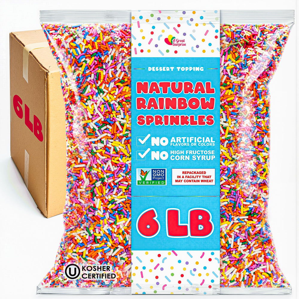 A Great Surprise front packaging showing 6-pound dye-free sprinkles and storage convenience