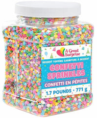 A Great Surprise front packaging showing 1.7 lb pastel confetti sprinkles and product label benefit