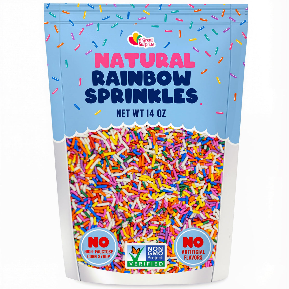A Great Surprise front packaging showing colorful dye-free sprinkles adds visual appeal