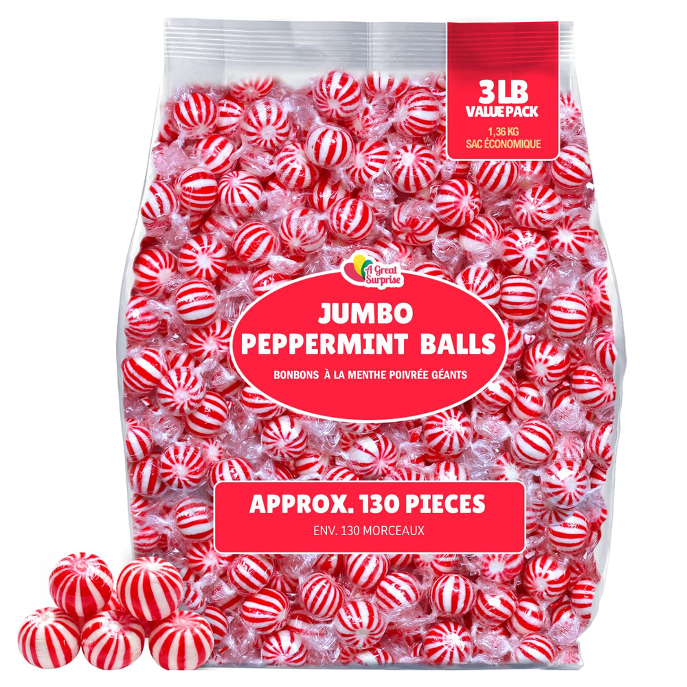 A Great Surprise front packaging showing resealable 3 lb bag and peppermint design, convenient bulk supply