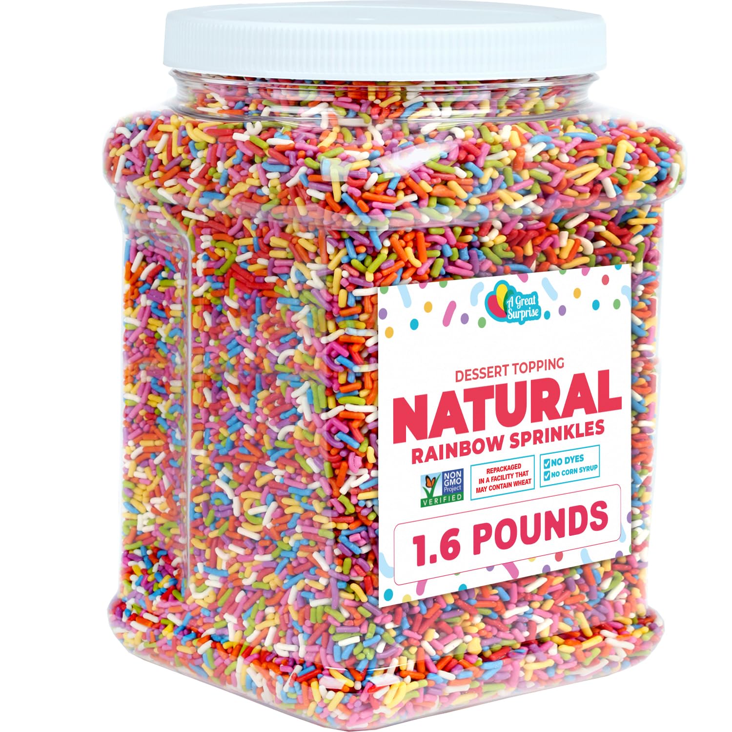 A Great Surprise front package showing 1.6 lb container and colorful natural sprinkles