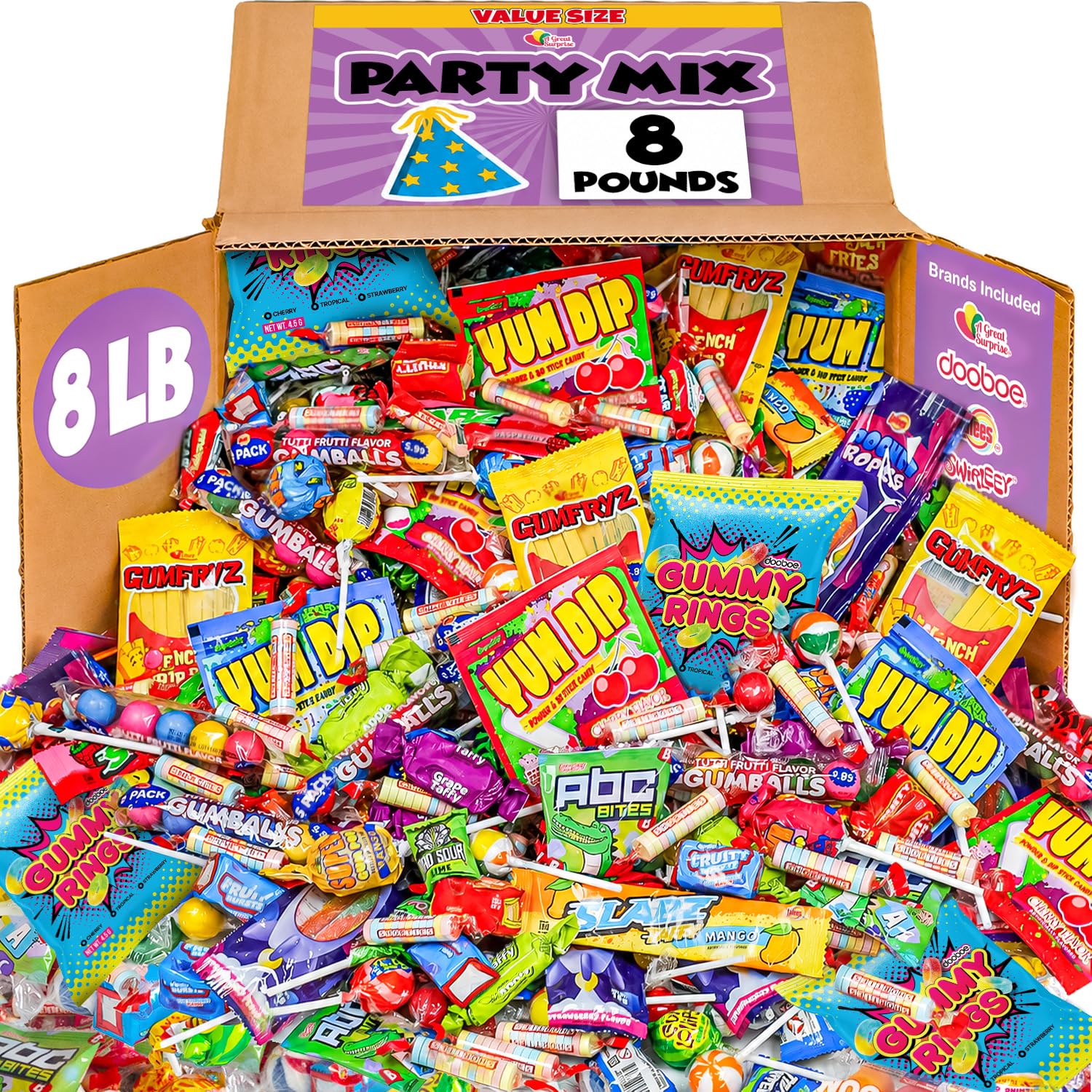 A Great Surprise front packaging showing 8 lb bulk candy and convenient storage
