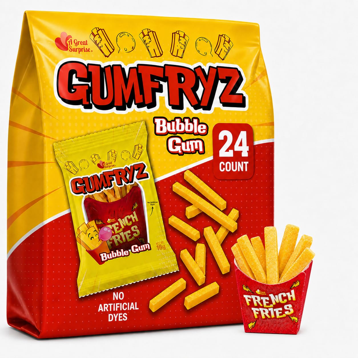 A Great Surprise front packaging showing 24 sealed Gumfryz bags, attractive display
