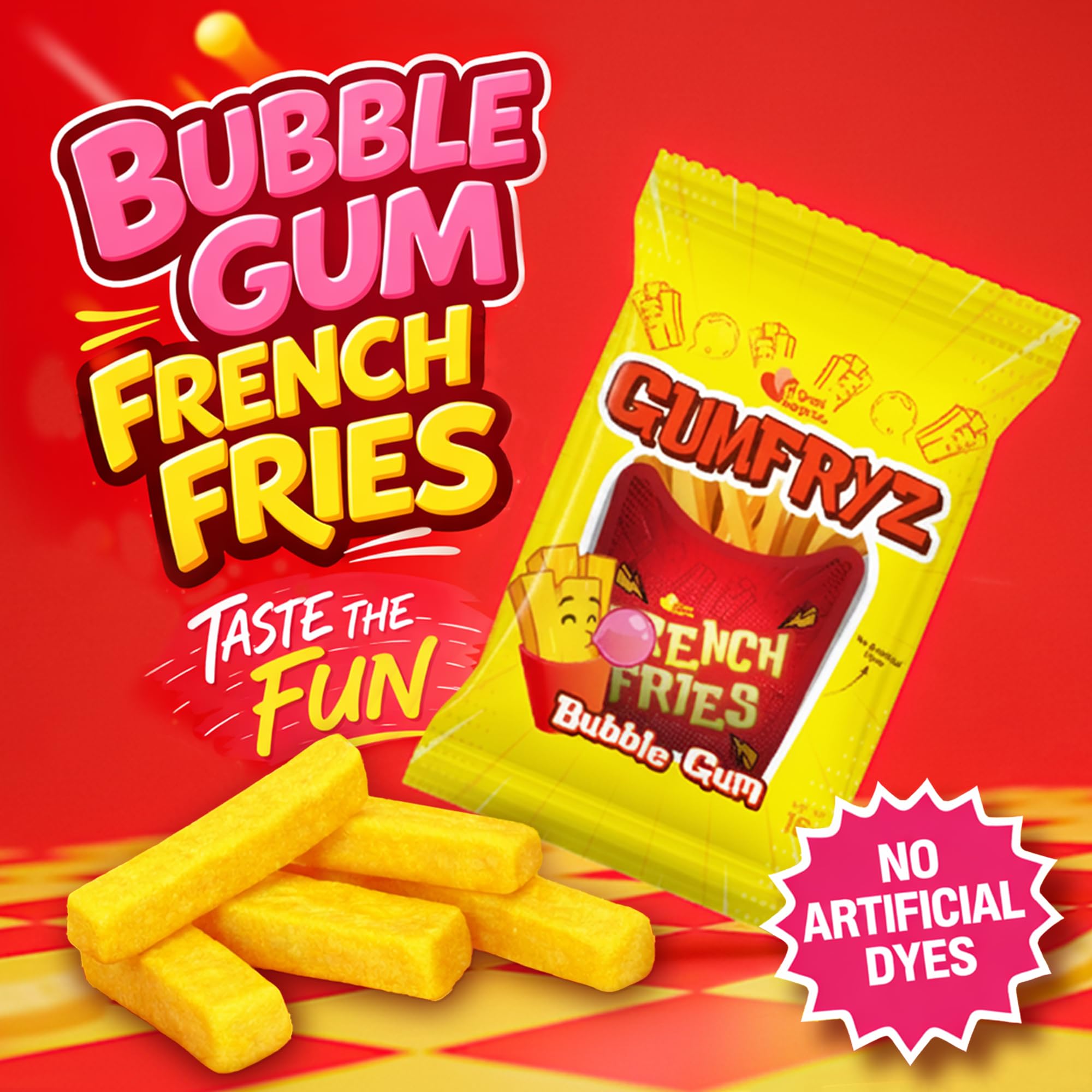 A Great Surprise opened bag with fry-shaped gum pieces ready to share, convenient single-serve